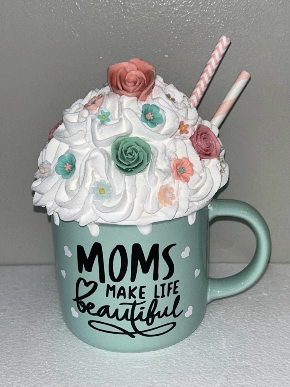 Mint Green 'Moms Make Life Beautiful' Mug Fake floral Whipped Cream Handmade